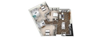 A 3D floor plan of a house with multiple rooms and furniture.