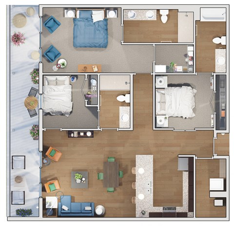 3 bedroom 3 bath floor plan at 20 Midtown, Birmingham
