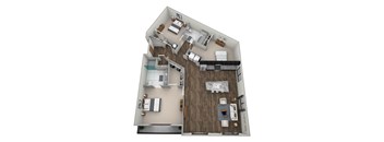 A 3D rendered image of a modern apartment layout.