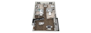 A 3D floor plan of a house with a kitchen, living room, and two bedrooms.