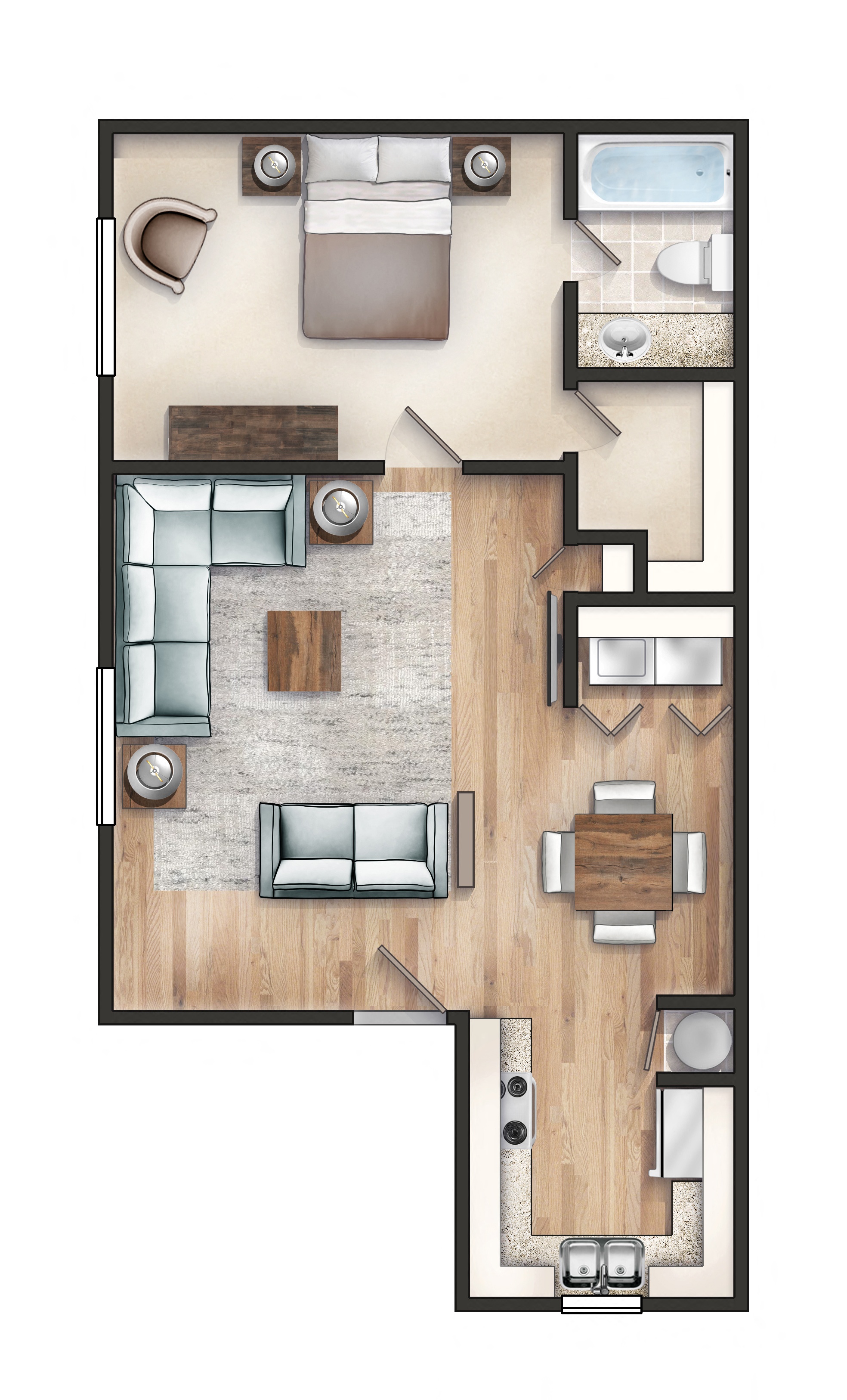 Rendering of a One Bedroom One Bathroom apartment flat at Carondolet Apartments in Mobile, AL