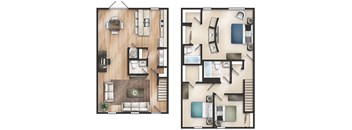 two floor plans of a house with a bedroom and a living room
