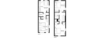 Classic townhouse-style home with two bedrooms and one and one half bathroooms on two levels