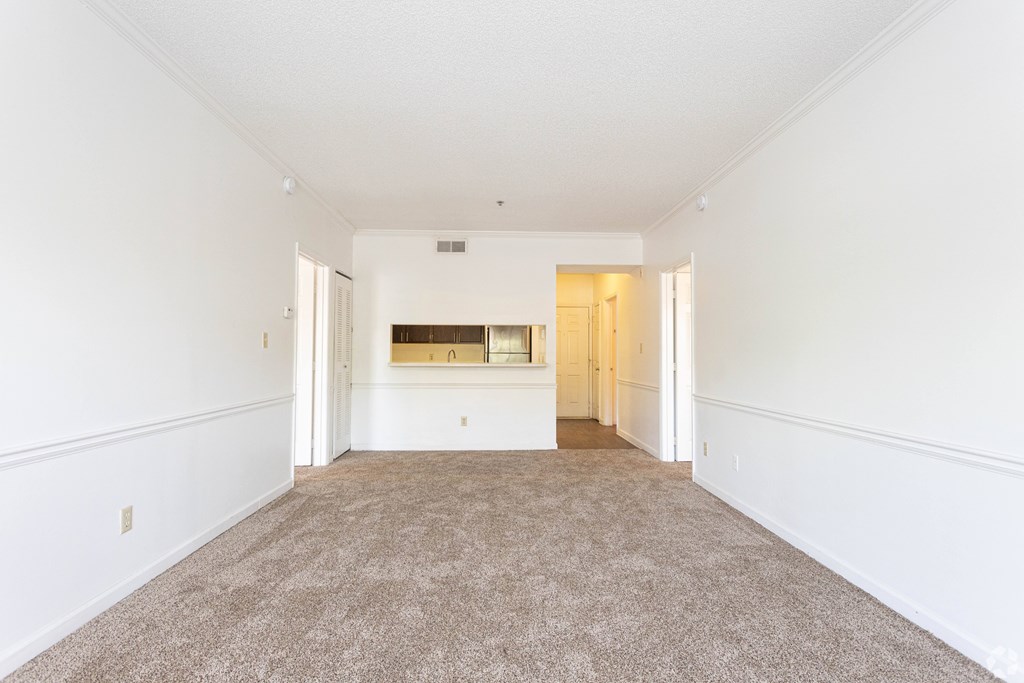 A large, empty room with a carpeted floor and white walls.