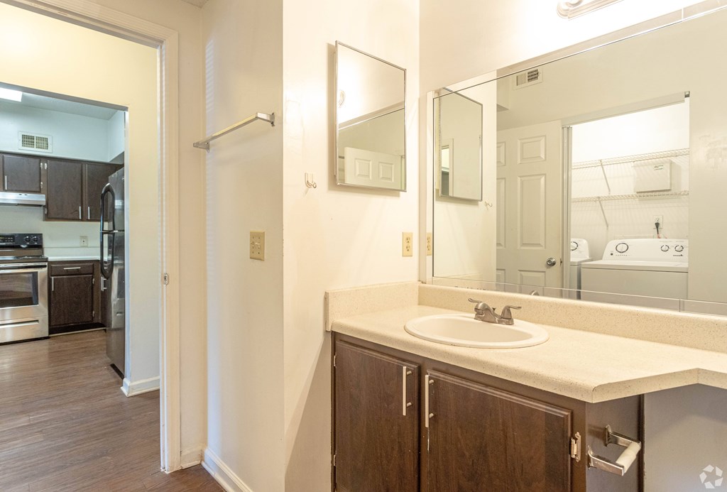 A bathroom with a sink, mirror, and wooden cabinets.