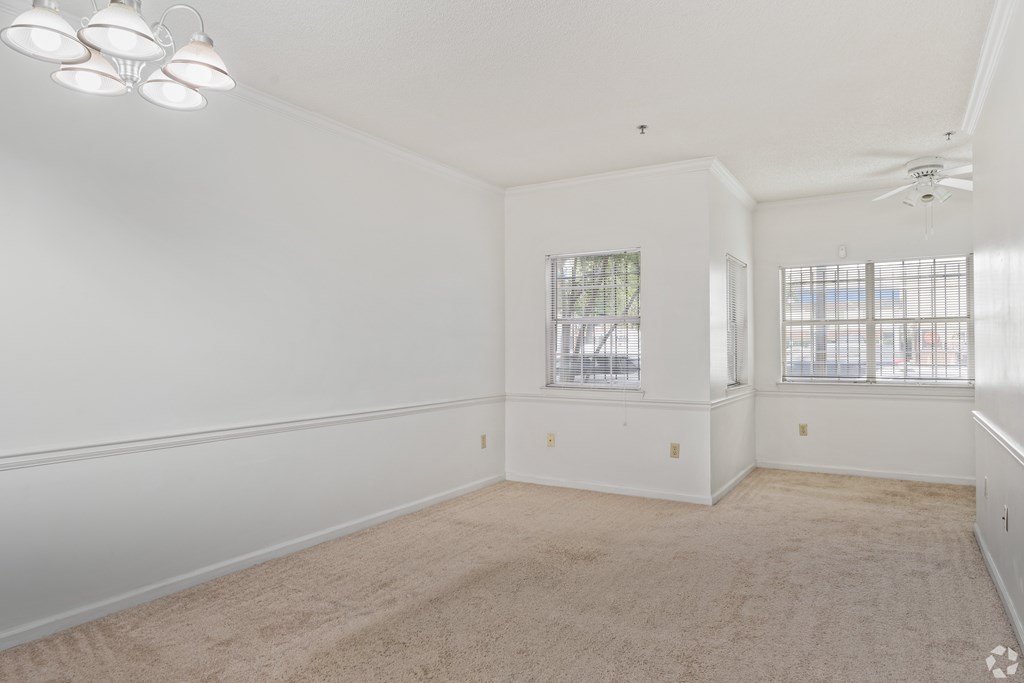 A spacious room with a carpeted floor and a ceiling fan.