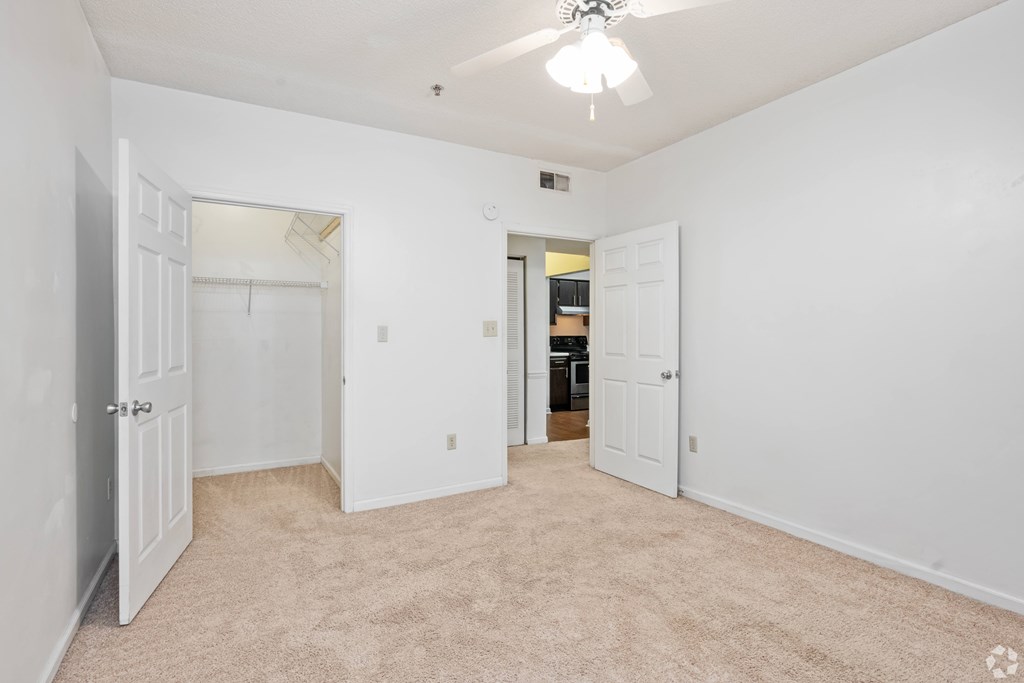 A white room with a carpeted floor and a ceiling fan.