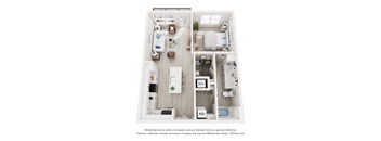 3-D Floor Plan of a one-bedroom, one-bathroom apartment at Cavala Apartments in Orange Beach, AL