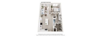 3-D Floor Plan of a one-bedroom, one-bathroom apartment at Cavala Apartments in Orange Beach, AL