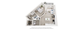 3-D Floor Plan of a one-bedroom,one-bathroom handicap accessible ADA apartment at Cavala Apartments in Orange Beach, AL