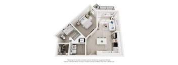 3-D Floor Plan of a one-bedroom, one-bathroom apartment at Cavala Apartments in Orange Beach, AL