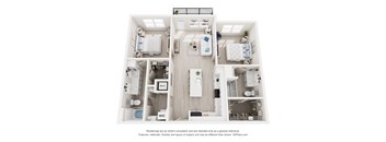 3-D Floor Plan of a two-bedroom, two-bathroom apartment at Cavala Apartments in Orange Beach, AL