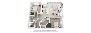 3-D Floor Plan of a two-bedroom, two-bathroom apartment at Cavala Apartments in Orange Beach, AL