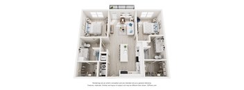 3-D Floor Plan of a two-bedroom, two-bathroom apartment at Cavala Apartments in Orange Beach, AL