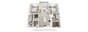 3-D Floor Plan of a two-bedroom, two-bathroom apartment at Cavala Apartments in Orange Beach, AL