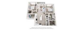 3-D Floor Plan of a two-bedroom, two-bathroom apartment at Cavala Apartments in Orange Beach, AL