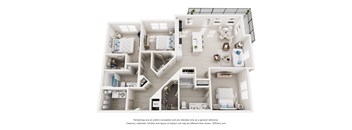 3-D Floor Plan of a three-bedroom, two-bathroom apartment at Cavala Apartments in Orange Beach, AL