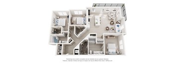 3-D Floor Plan of a three-bedroom, two-bathroom apartment at Cavala Apartments in Orange Beach, AL