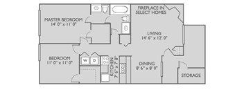 A floor plan of a home layout with a master bedroom, living room, dining room, kitchen, and storage.