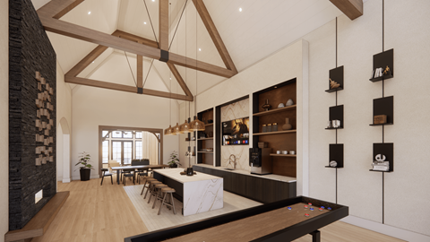 A modern kitchen with a dining table and chairs.