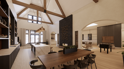 A modern dining room with a wooden table and chairs.