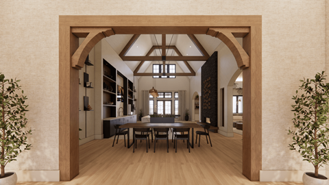 A dining room with a table set for six people.