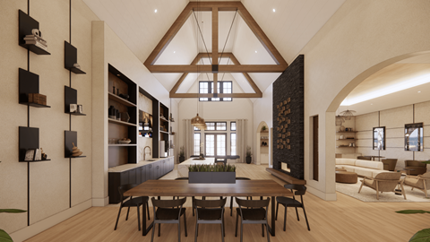 A modern dining room with a large table and chairs.