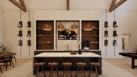 A modern kitchen with a white marble island and wooden stools.