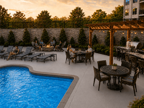 A group of people are sitting around a table by a pool.