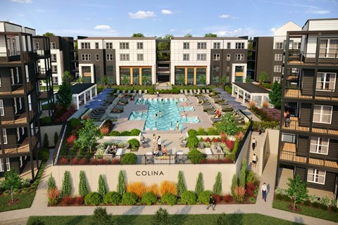 A rendering of a resort style pool surrounded by buildings and landscaping.