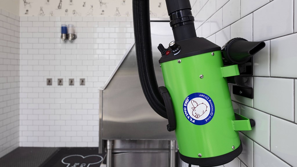 A green vacuum cleaner with a blue sticker on it is plugged into a socket.
