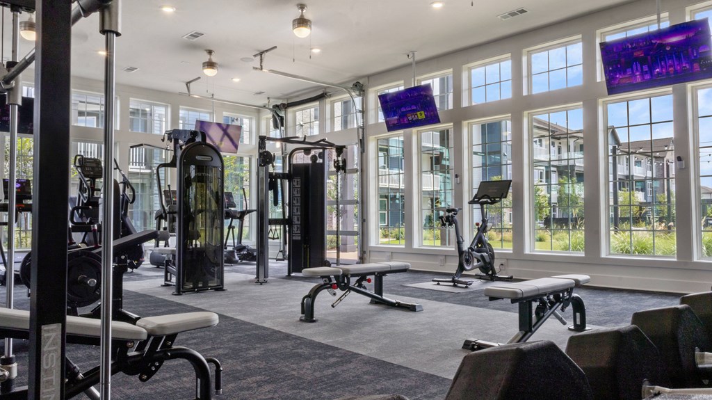A gym with a variety of equipment including treadmills, weights, and exercise machines.