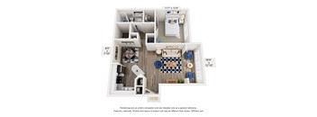 A 3D floor plan of a small apartment with a kitchen, living room, and bathroom.
