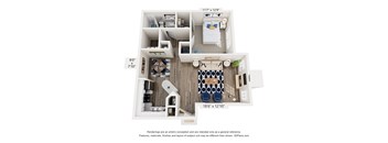 A 3D floor plan of a small apartment with a kitchen, living room, and bathroom.