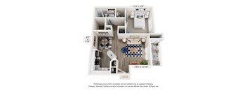 A floor plan of a two-bedroom apartment with a living room, kitchen, and bathroom.