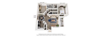 A 3D floor plan of an apartment with a kitchen, living room, and two bedrooms.
