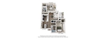A 3D floor plan of an apartment with a kitchen, living room, and bathroom.