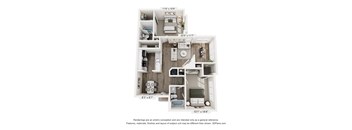 A 3D floor plan of an apartment with a kitchen, living room, and bathroom.