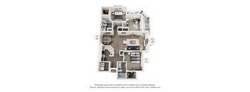 A 3D floor plan of an apartment with a kitchen, living room, and two bedrooms.