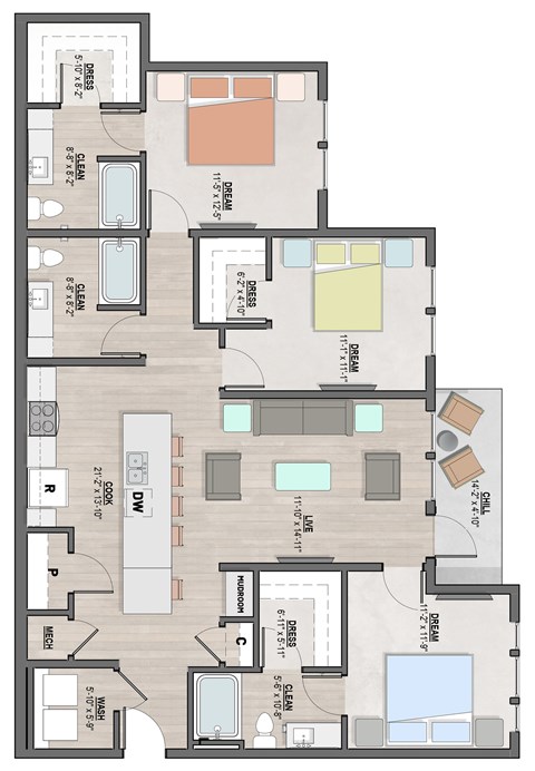 Coralie1 three-bedroom, two-bathroom floor plan at Colina Weho in Birmingham, AL