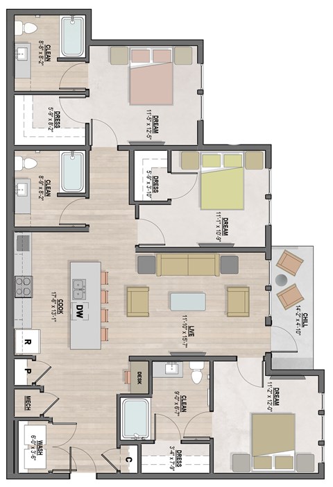 Coralie2 three-bedroom, two-bathroom floor plan at Colina Weho in Birmingham, AL