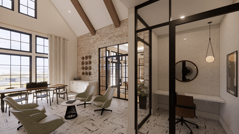 A room with a white brick wall and a large window.