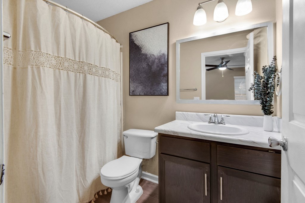 A bathroom with a toilet, sink, shower, and large vanity mirror at Crystal Lake in Pensacola, Florida.