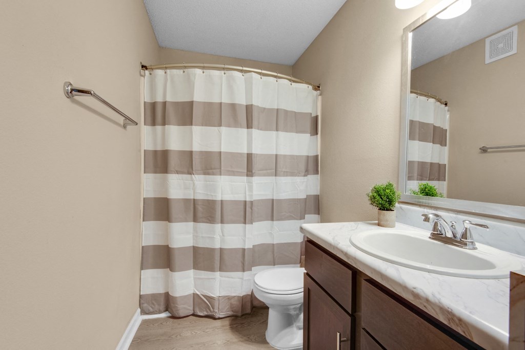 A bathroom with a toilet, sink, and shower at Crystal Lake in Pensacola, Florida.