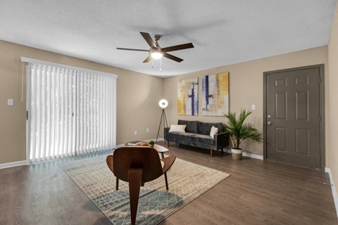 A living room with a brown chair and a rug.