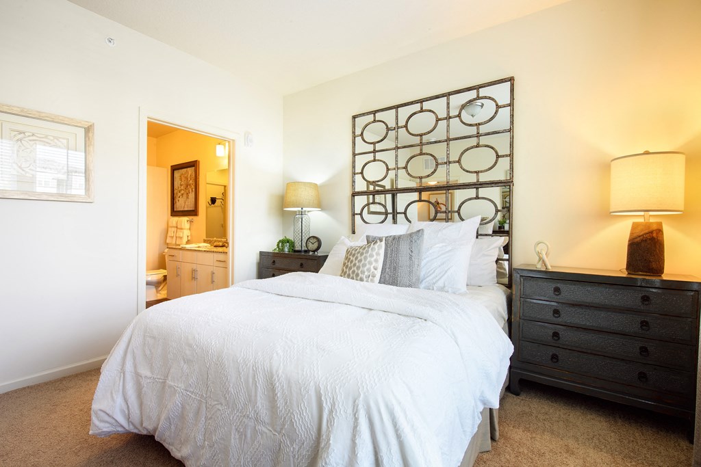 a bedroom with a bed and a dresser and a bathroom