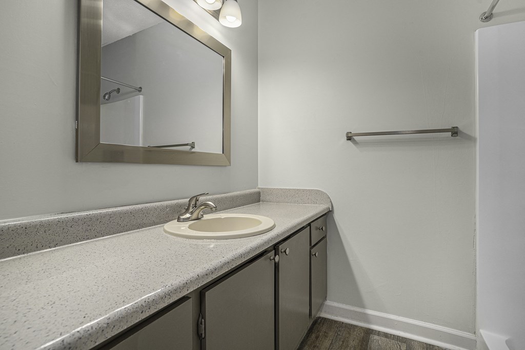 an empty bathroom with a sink and a mirror