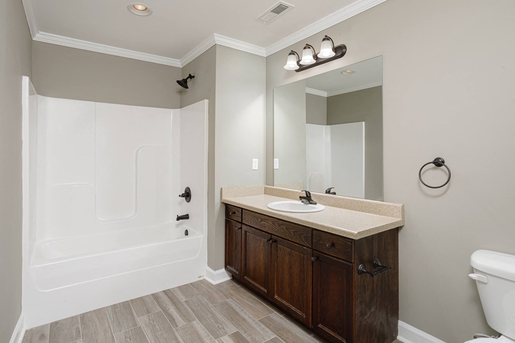 an esuite bathroom with large countertop and vanity at Deerfield Apartments in Florence, AL