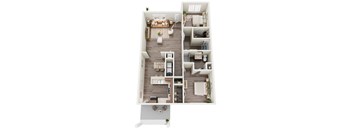 3D floor plan of a 2 bedroom 2 bathroom at Deerfield Apartments in Florence, AL