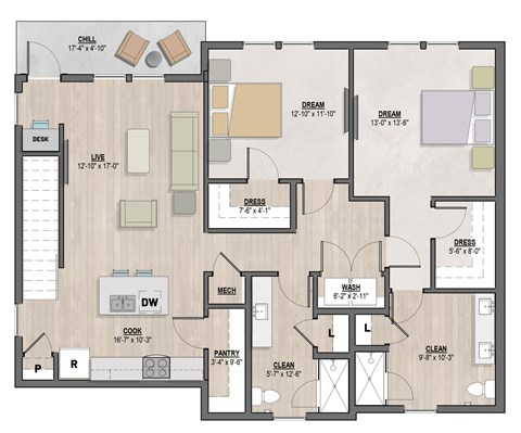 Dorchester two-bedroom, two-bathroom floor plan at Colina Weho in Birmingham, AL
